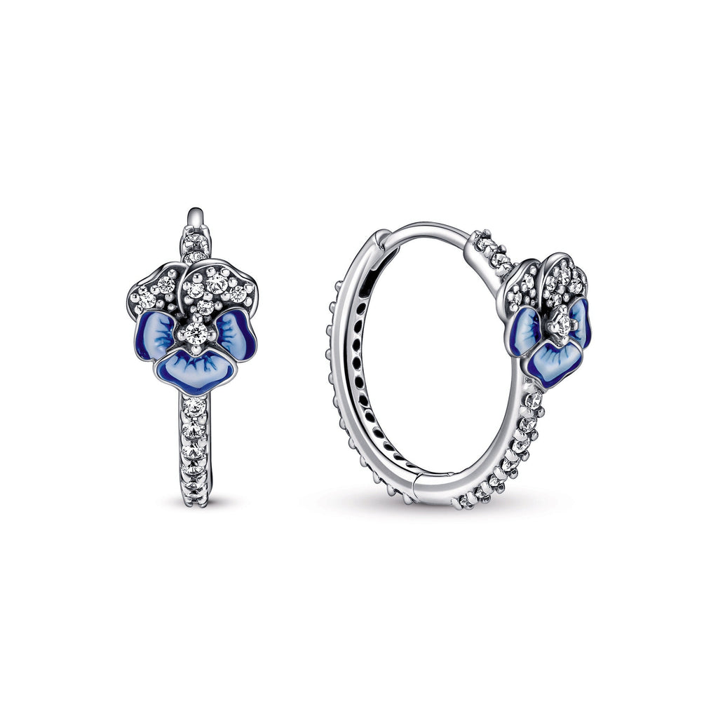 Blue Pansy Flower Hoop Earrings